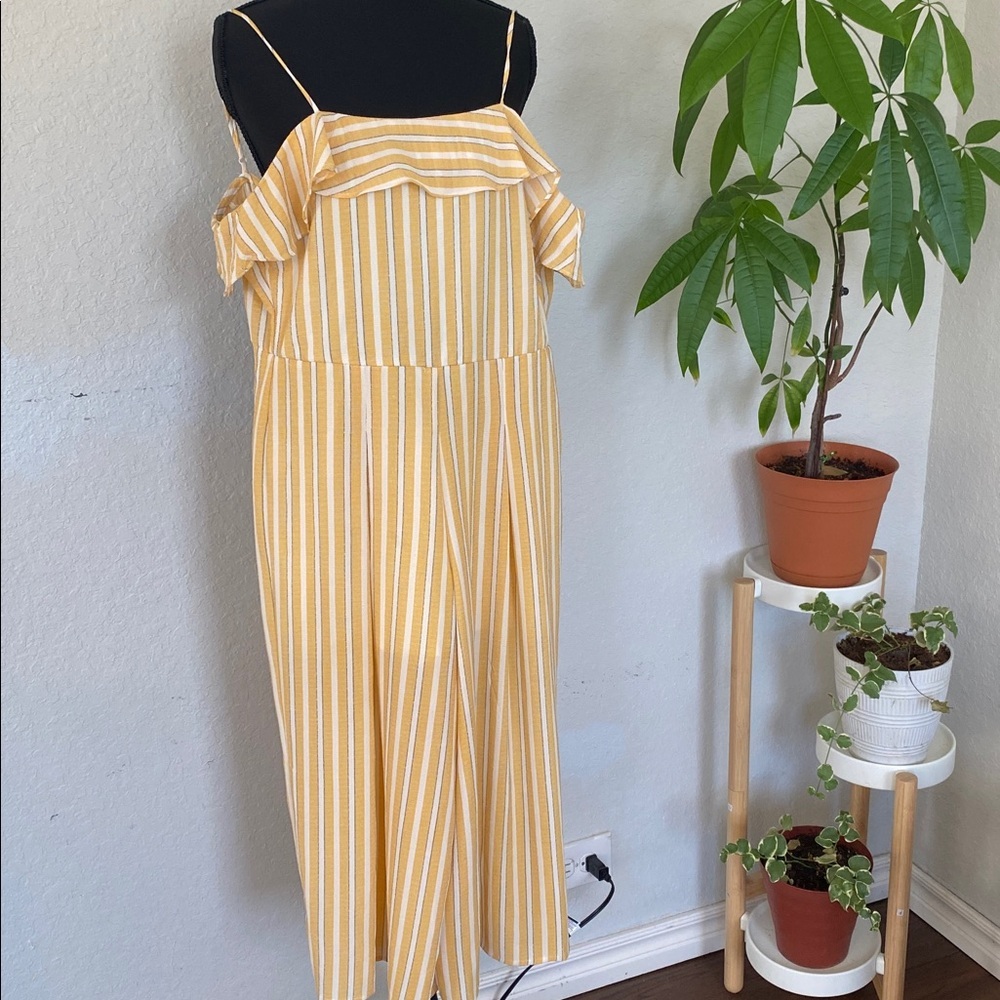 Summer Cottagecore Altar’d State Yellow Striped Jumpsuit with Ruffle Detail - Picture 2 of 4